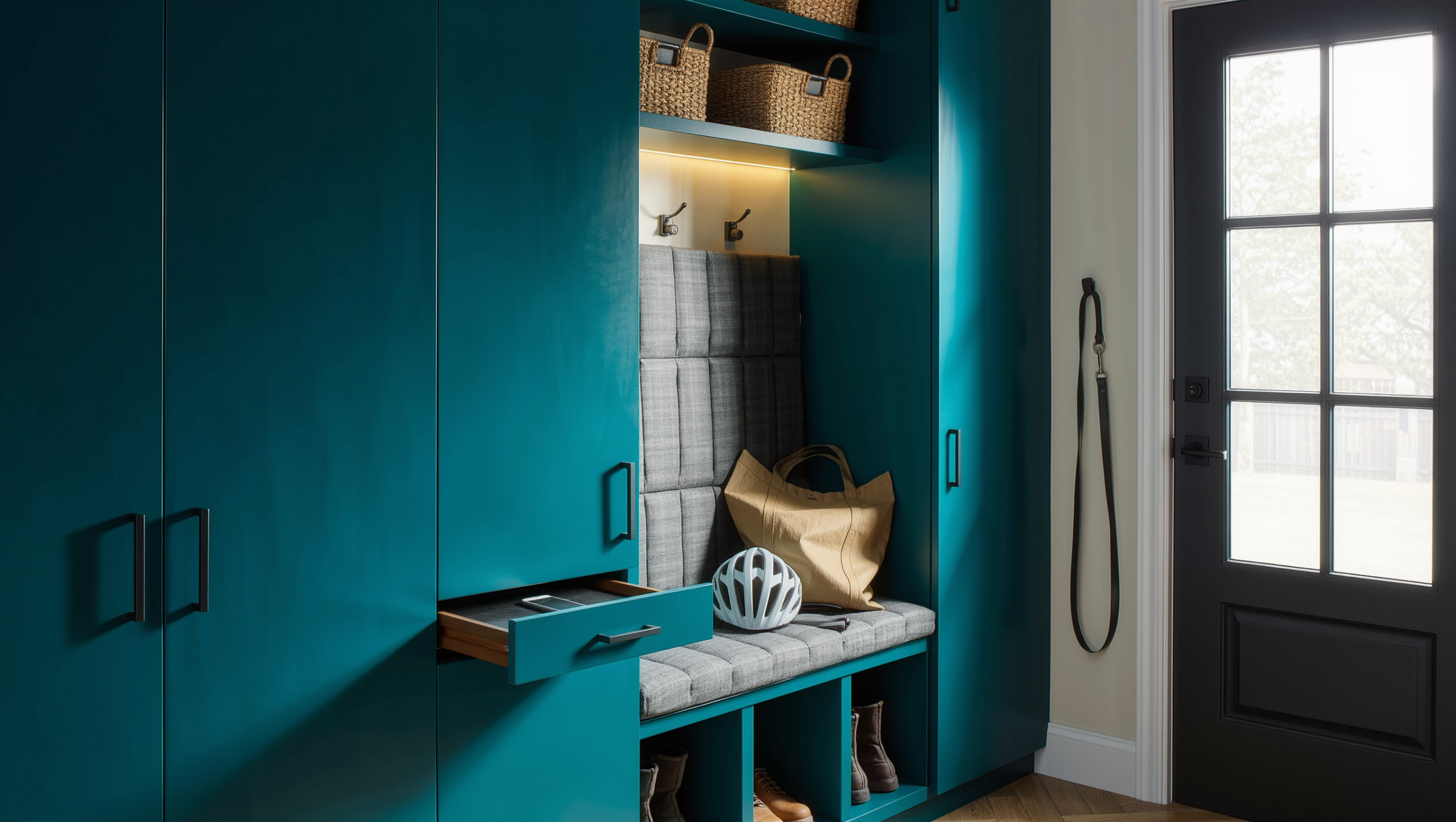 A morning-lit entry with deep teal built-in cabinetry, a cushioned bench niche, shoe cubbies, baskets, a charging drawer, and a dog leash hook.