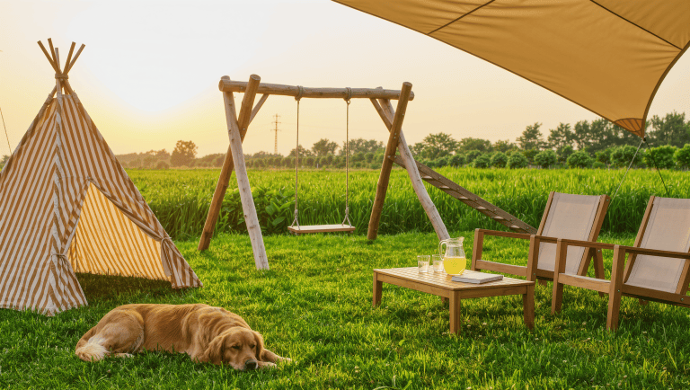 A late-afternoon family backyard with a wooden climbing frame, striped canvas teepee, teak adult lounge under a shade sail, and a dozing dog.