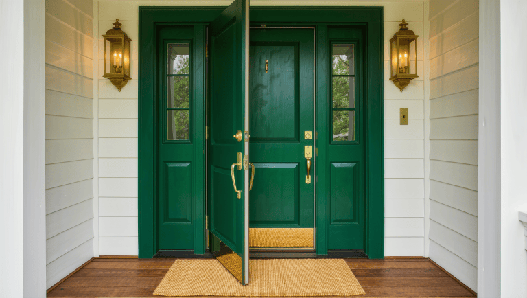 A deep emerald front door with brass hardware and a sized mat, the landing left clear for the door to swing fully open.