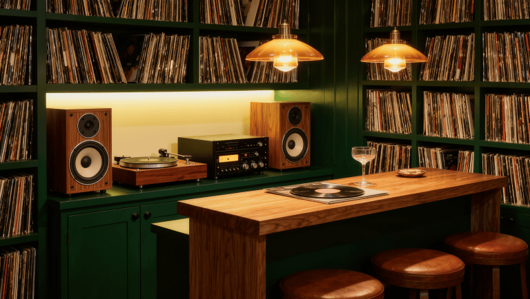 A home listening bar with vintage horn speakers, a glowing amplifier, a burl-wood counter under amber pendants, and LED-lit record shelves.
