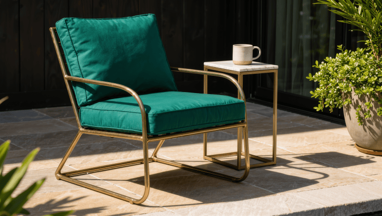 A brass-framed outdoor lounge chair with a weather-ready cushion sits in dappled shade on a stone patio.