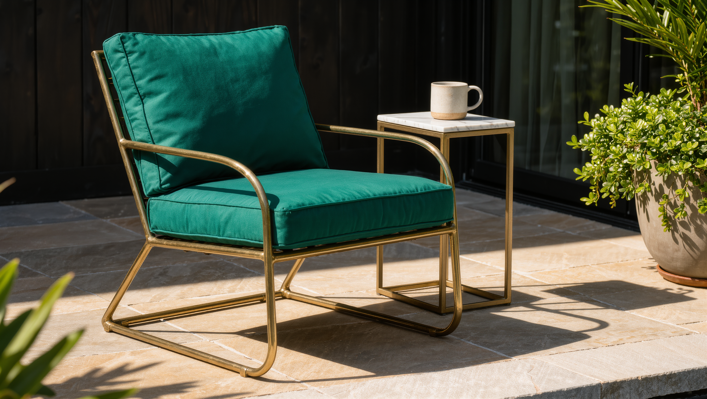 A brass-framed outdoor lounge chair with a weather-ready cushion sits in dappled shade on a stone patio.