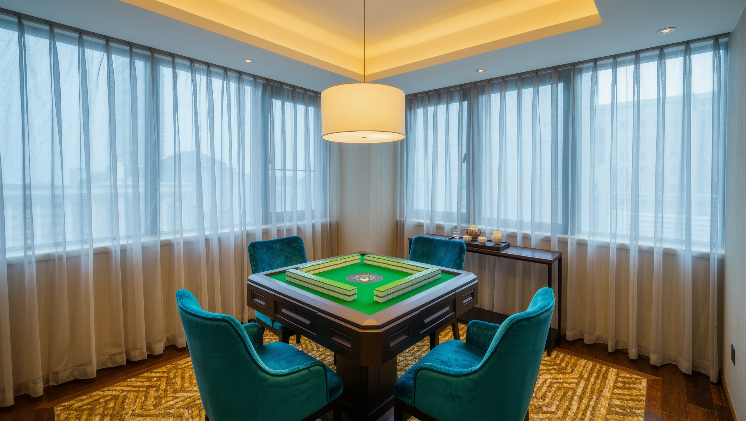 A daylight game salon with a green-felt mahjong table mid-setup, peacock velvet chairs, a drum pendant, and a separate drinks console.