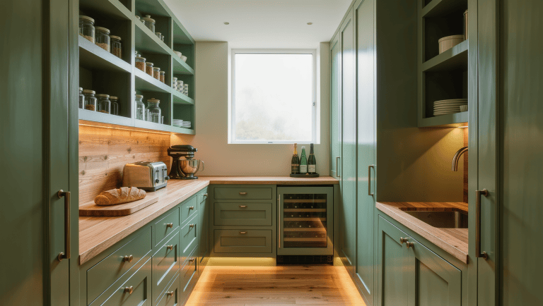 A daylight walk-in pantry in sage-green cabinetry with jar-lined shelves, a counter of parked appliances, and a compact second sink.