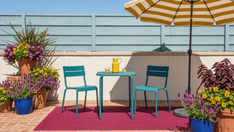 A vivid sunlit patio with a teal bistro set, terracotta and cobalt planters, an oxblood outdoor rug, and a striped ochre umbrella.