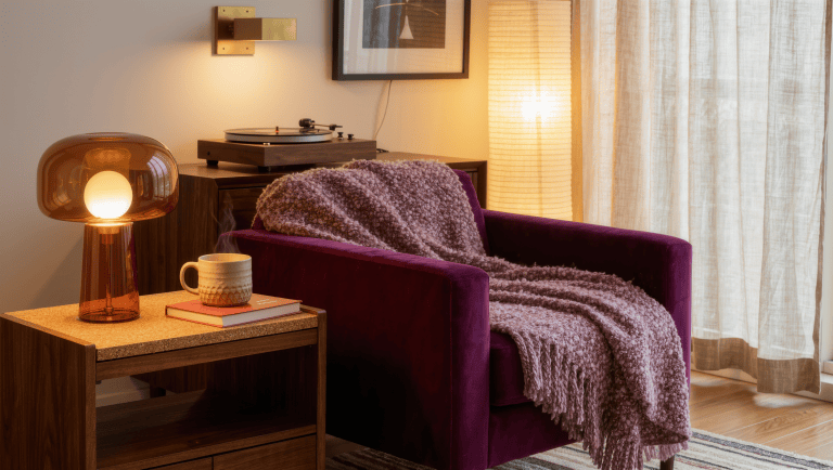 A rental living room at night with a plum velvet armchair, drawn linen curtains, and warm light from an amber table lamp and floor lamp.