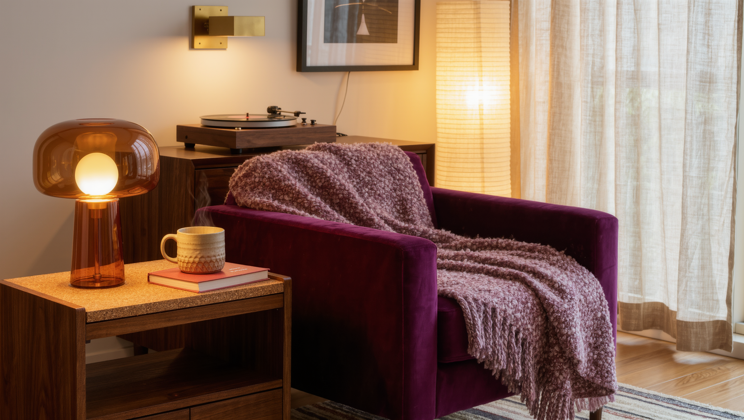A rental living room at night with a plum velvet armchair, drawn linen curtains, and warm light from an amber table lamp and floor lamp.