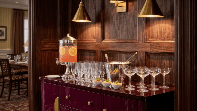 A plum lacquered sideboard styled as a self-serve drink station with a glass dispenser, ice bucket, and coupes under brass pendants.