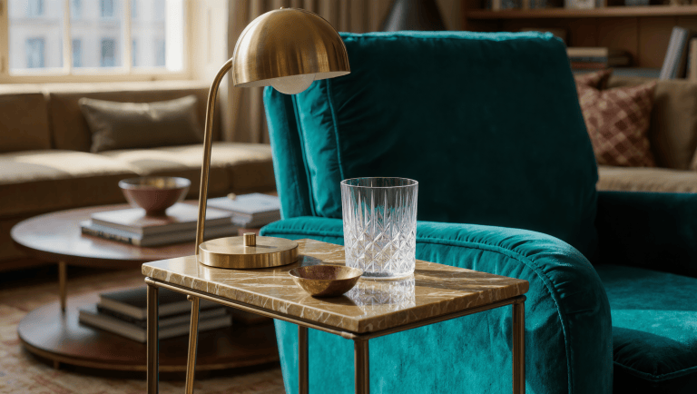 A small brass and marble side table holds a glass and a dish within easy reach of a velvet armchair, beside the coffee table.