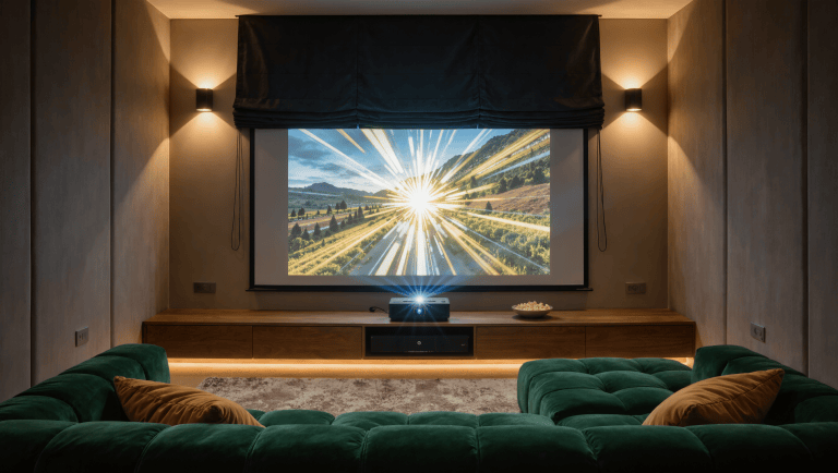 A small media room at night where an ultra-short-throw projector casts a glowing landscape onto a screen beside dimmed sconces.