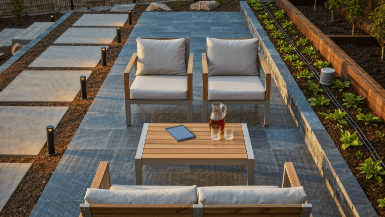 A late-afternoon backyard with teak lounge seating, slim path lights, drip irrigation along a cedar bed, and a speaker tucked in planting.