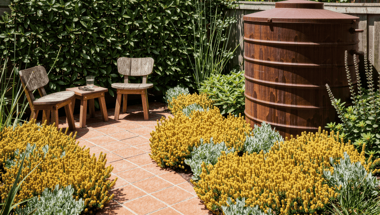 A sunny backyard with dense native planting, a permeable clay-paver path, a corten steel rain cistern, and weathered oak chairs.