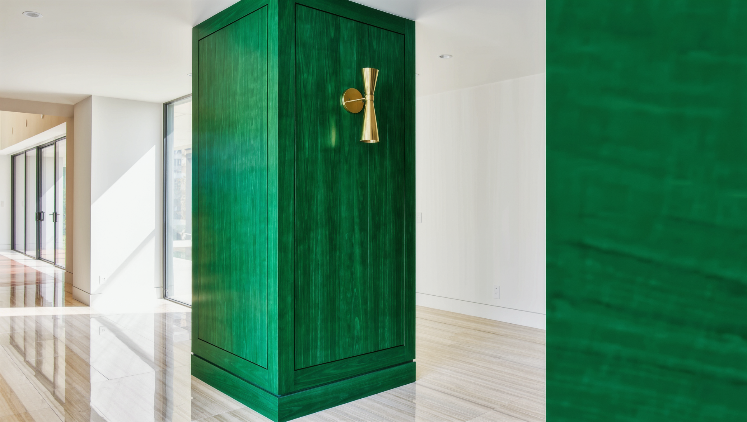 A freestanding structural column clad in lacquered emerald wood paneling, left bare with no furniture attached, clear stone floor circulating around it.