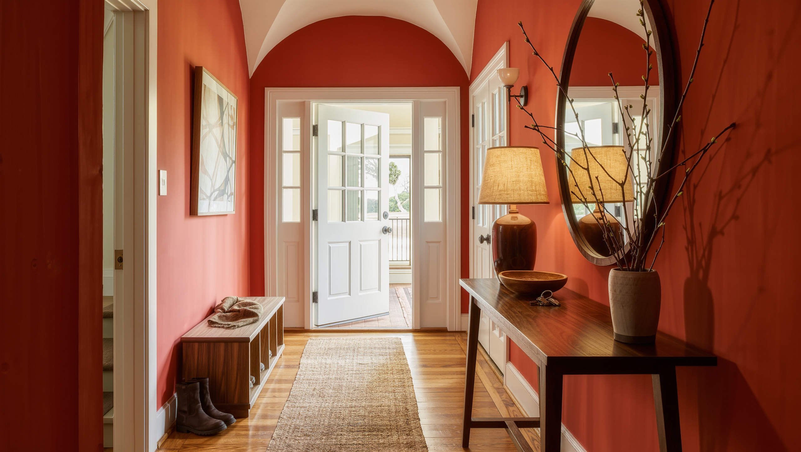 A large sunlit entry hall with a walnut console under a round mirror, a bench by the door, and a runner marking the walk line.