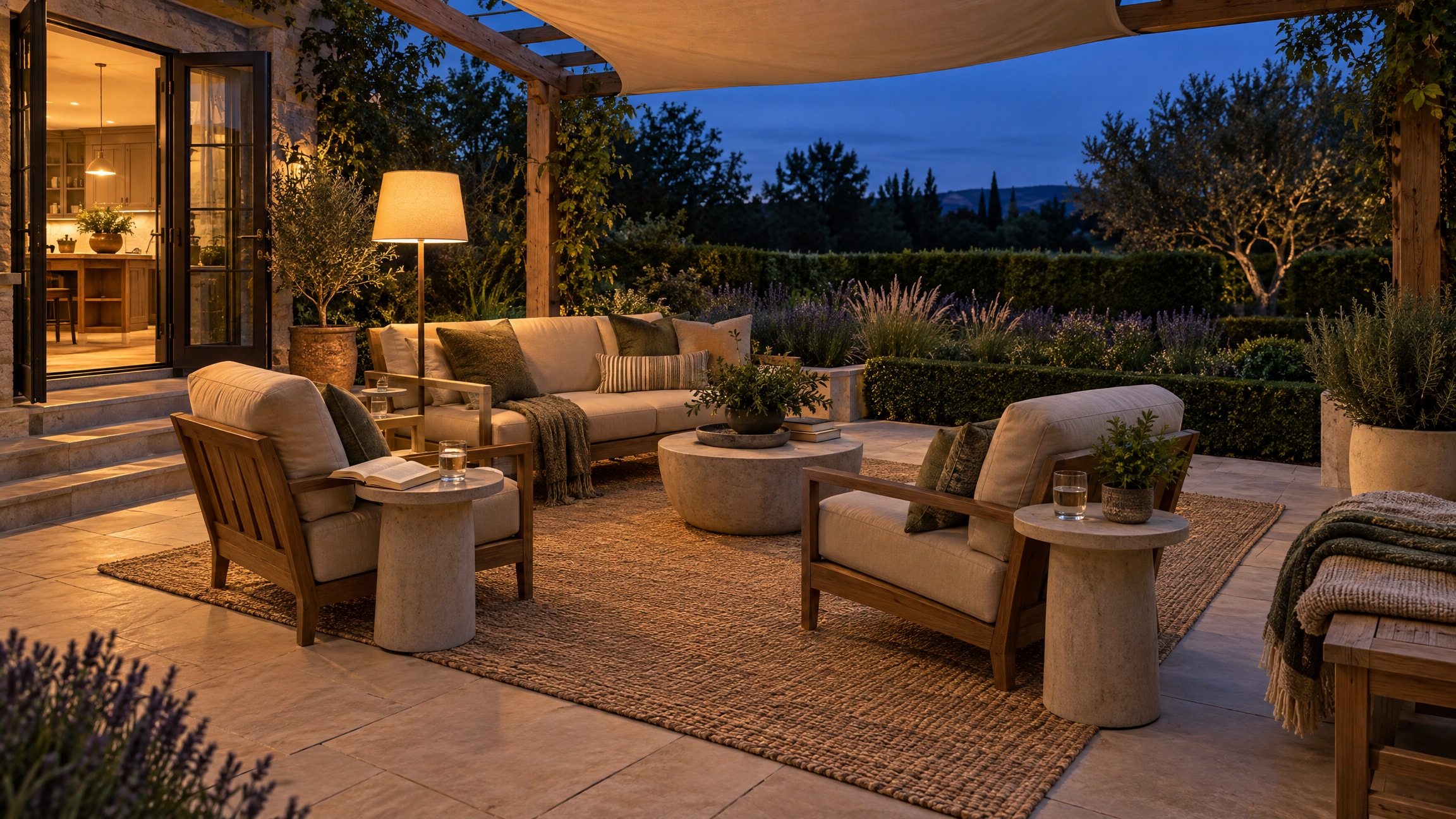 A limestone patio at dusk with a pergola and shade sail overhead and a lavender and hedge edge; two lounge chairs and a sofa face each other, every seat with a side table in reach, and a floor lamp glows beside the sofa.