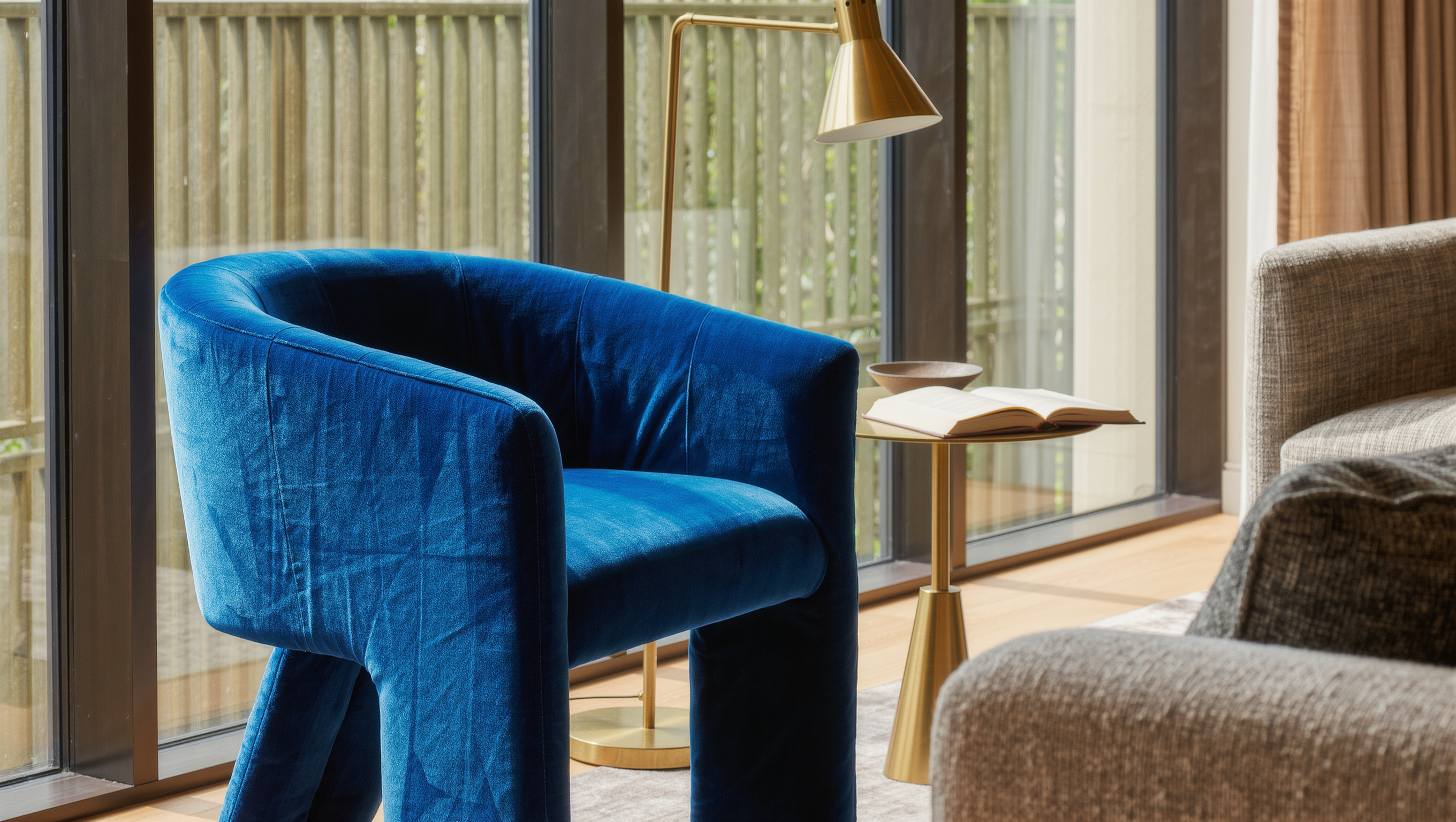 A sculptural jewel-toned velvet accent chair angles toward a tall window and a nearby sofa instead of a blank wall.