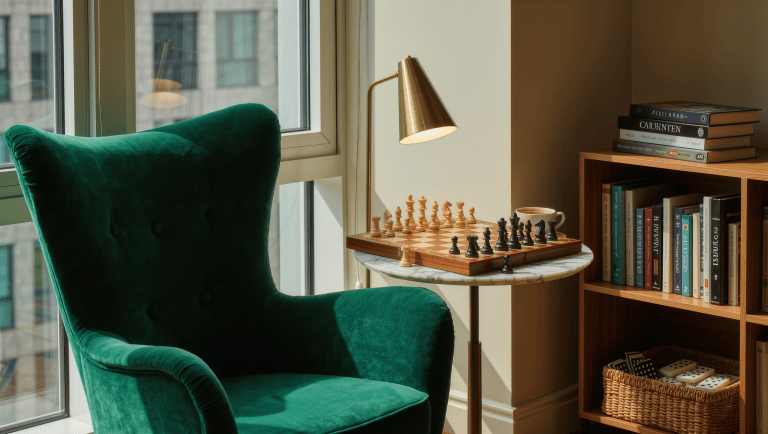 A daylight analog corner with a deep green wingback chair, a marble table holding a chess board mid-game, and shelves of books and games.