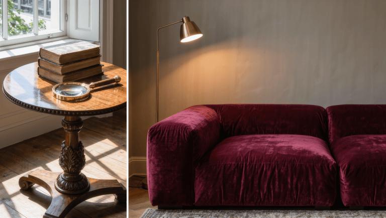A delicate carved antique side table beside a massive contemporary velvet sofa