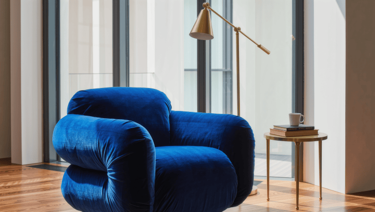 A sapphire velvet armchair turned toward a window creating a reading pocket