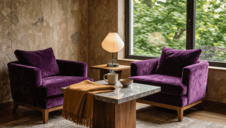 A textured sitting room with plum velvet armchairs, plaster walls, a walnut table with a steaming mug, and soft daylight from a wide window.