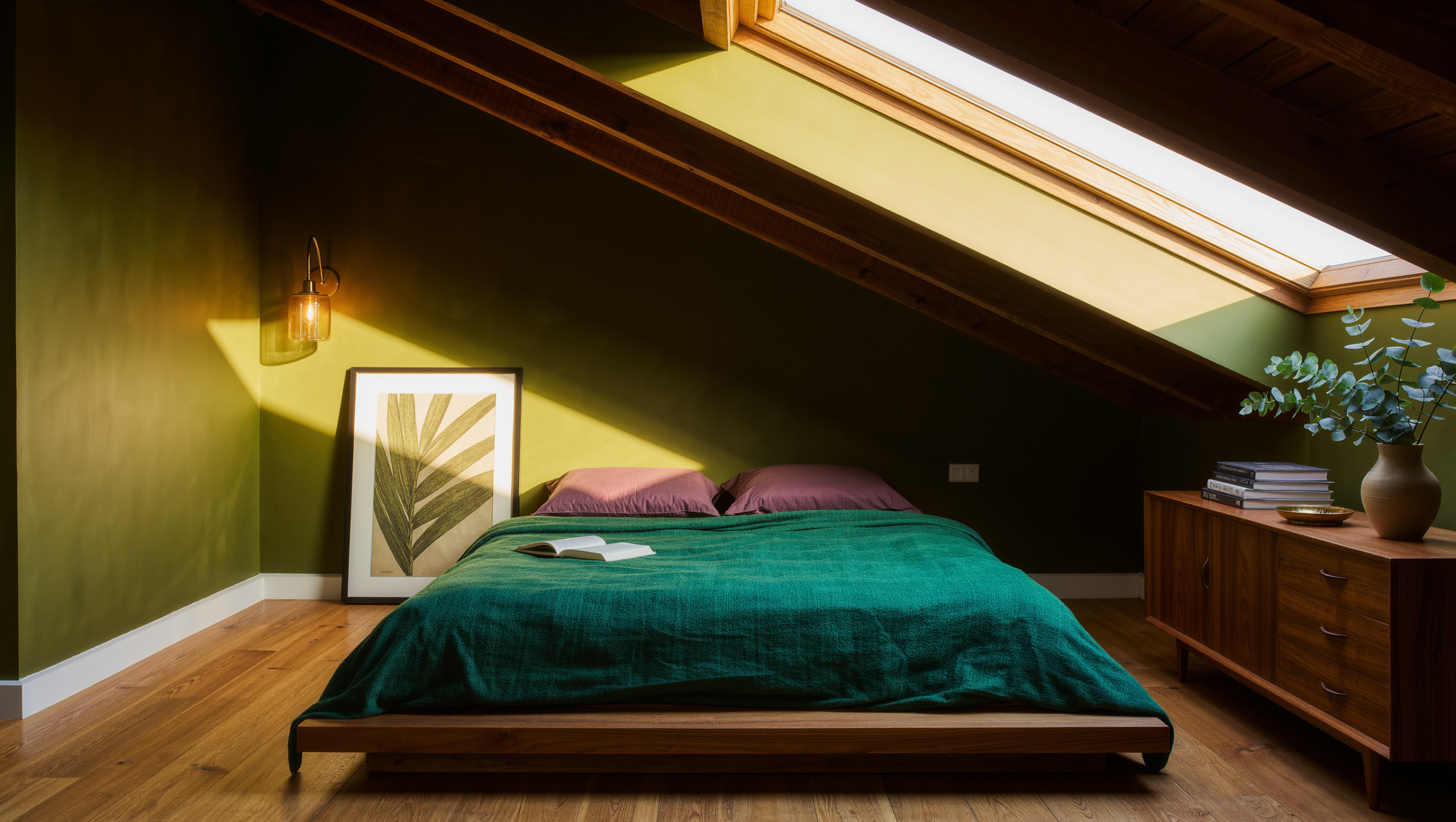 Attic bedroom under steep sloped eaves with an emerald wool coverlet, olive-green walls, and sunlight pouring in from a skylight