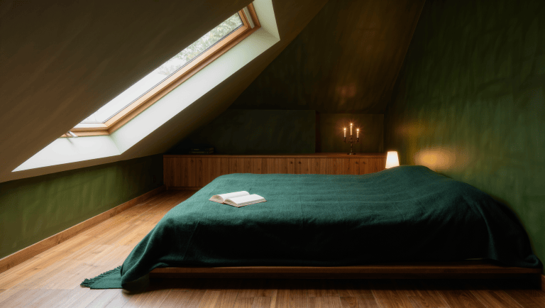 Attic bedroom with a low bed and low storage cabinets tucked under sloped eaves, lit by a dormer window