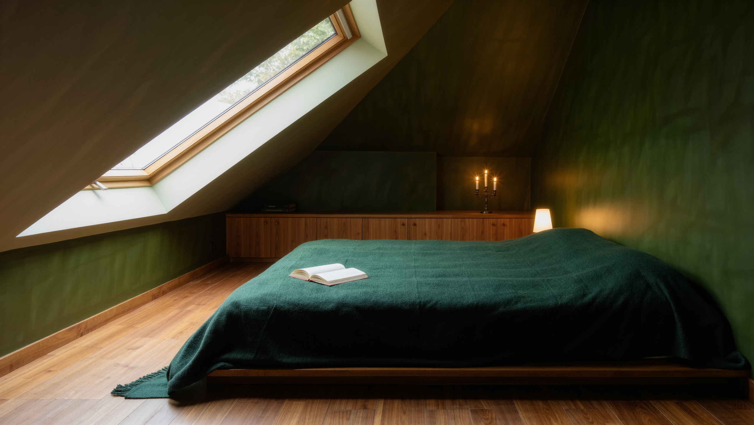 Attic bedroom with a low bed and low storage cabinets tucked under sloped eaves, lit by a dormer window