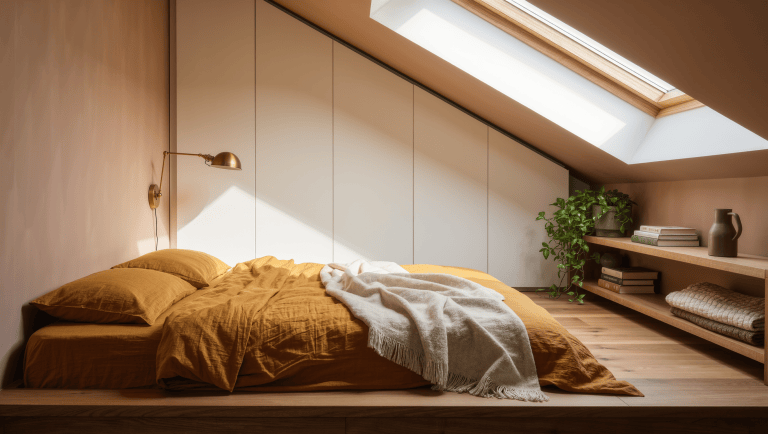 A bright attic bedroom with a low platform bed in ochre linens tucked under the sloped ceiling and a tall wardrobe on the gable wall.