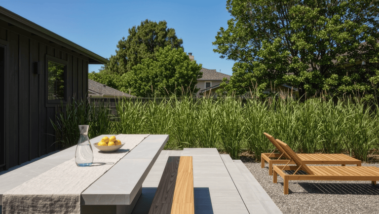 A sunny backyard where a limestone dining terrace steps down to a gravel lounge, joined by a planted border of ornamental grasses.