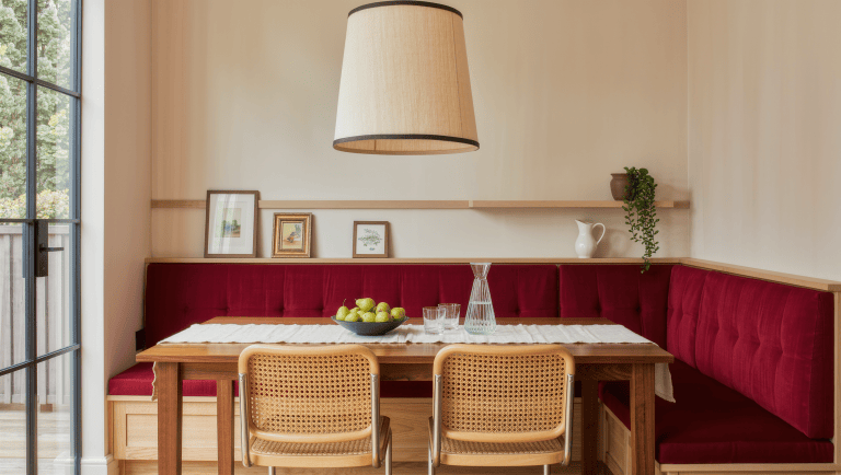 A dining room with an oxblood banquette against the wall, a shallow oak ledge above, and a walnut table pulled close.