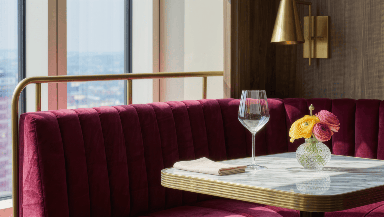 A burgundy velvet banquette meeting a brass-railed marble bistro table beside an open path