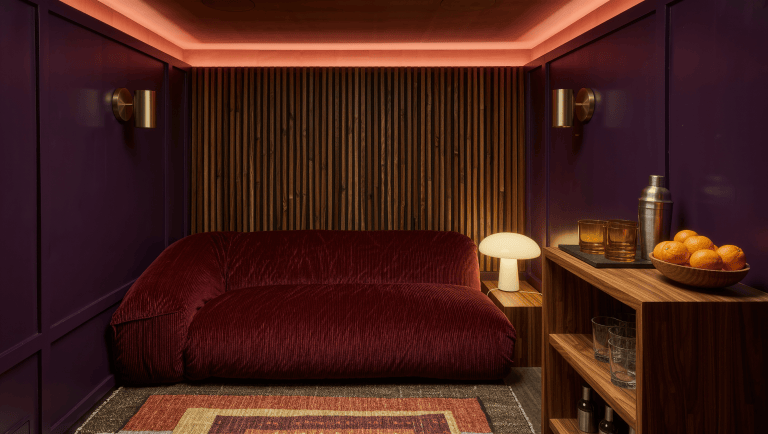 A basement night room with deep aubergine walls, an oxblood corduroy sofa, wood-slat paneling, and warm sconce and cove lighting.