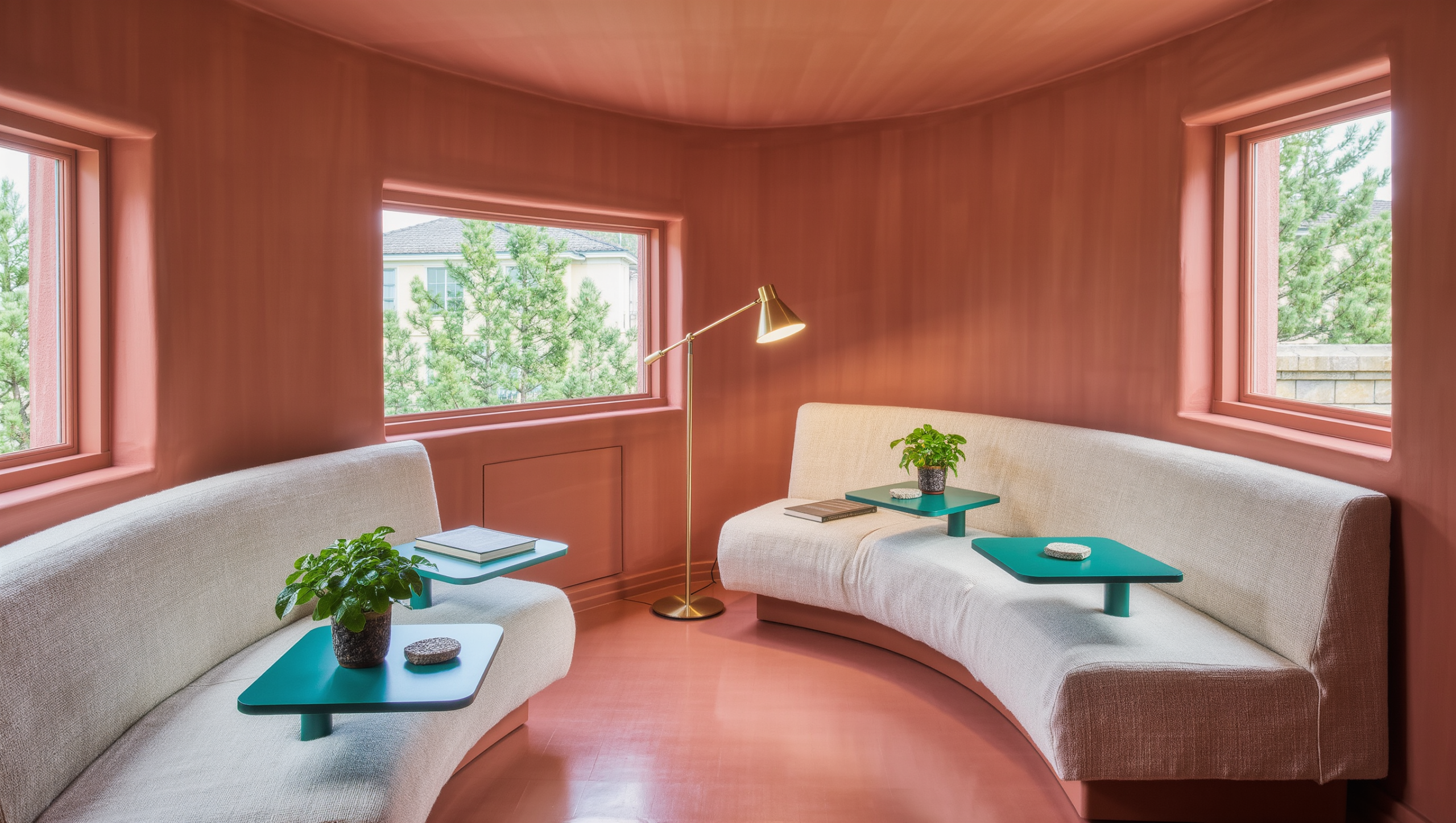 A terracotta-pink living room with a curved cream sofa, clear walkways, reachable teal side tables, and broad corner-window daylight.