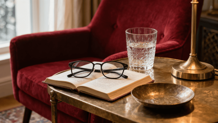 A woven basket of folded blankets and a brass tray of everyday items sit beside a sofa, given an easy point-of-use home.