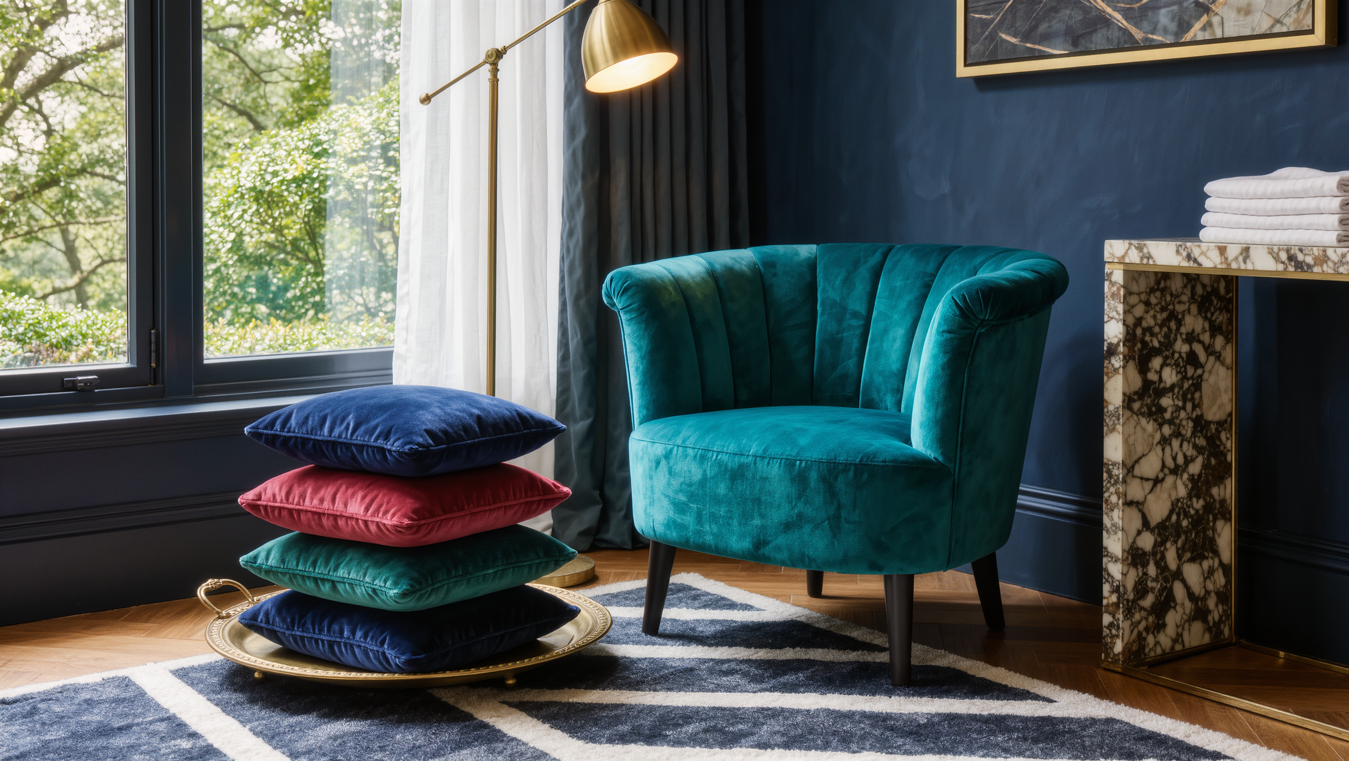 A woven basket of folded blankets sits beside a velvet sofa, with a brass tray for chargers and keys on the nearby side table.