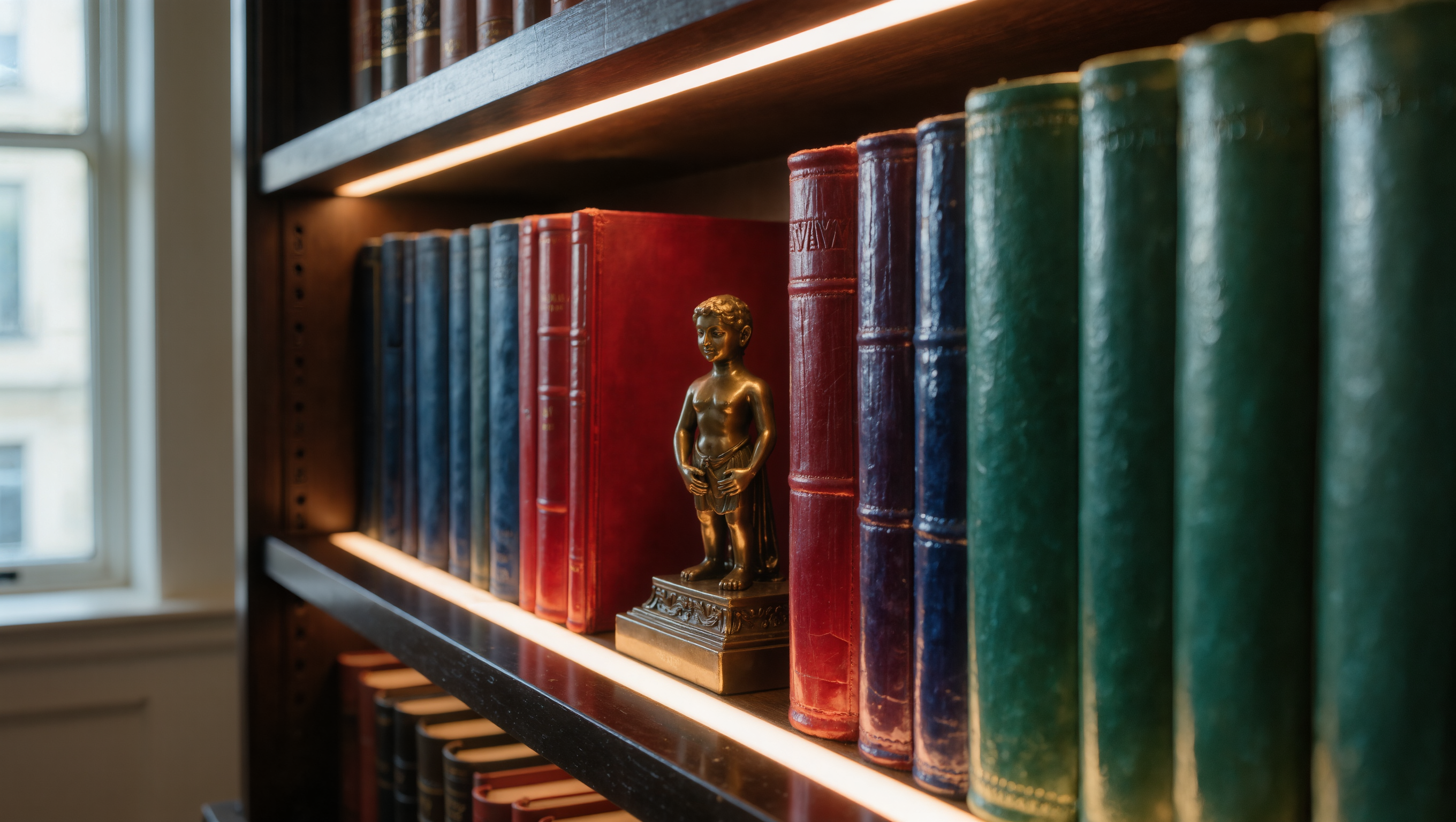 A jewel-toned bookshelf niche glowing from a hidden low-voltage light channel along its shelf