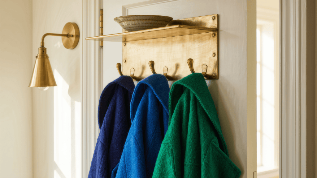 Three polished brass hooks holding a folded jewel-toned wool coat on a wall behind an open door, mounted shallow enough to clear its swing.