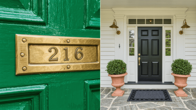 A brass house-number plaque mounted on a lacquered emerald front door, flanked by terracotta urns of clipped boxwood.