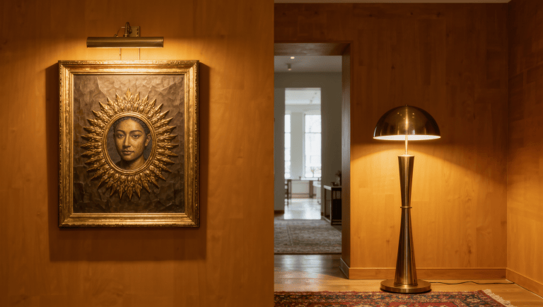 A gilt-framed artwork illuminated by a brass picture light on a large room's perimeter wall, with a brass floor lamp casting light near a rug edge.