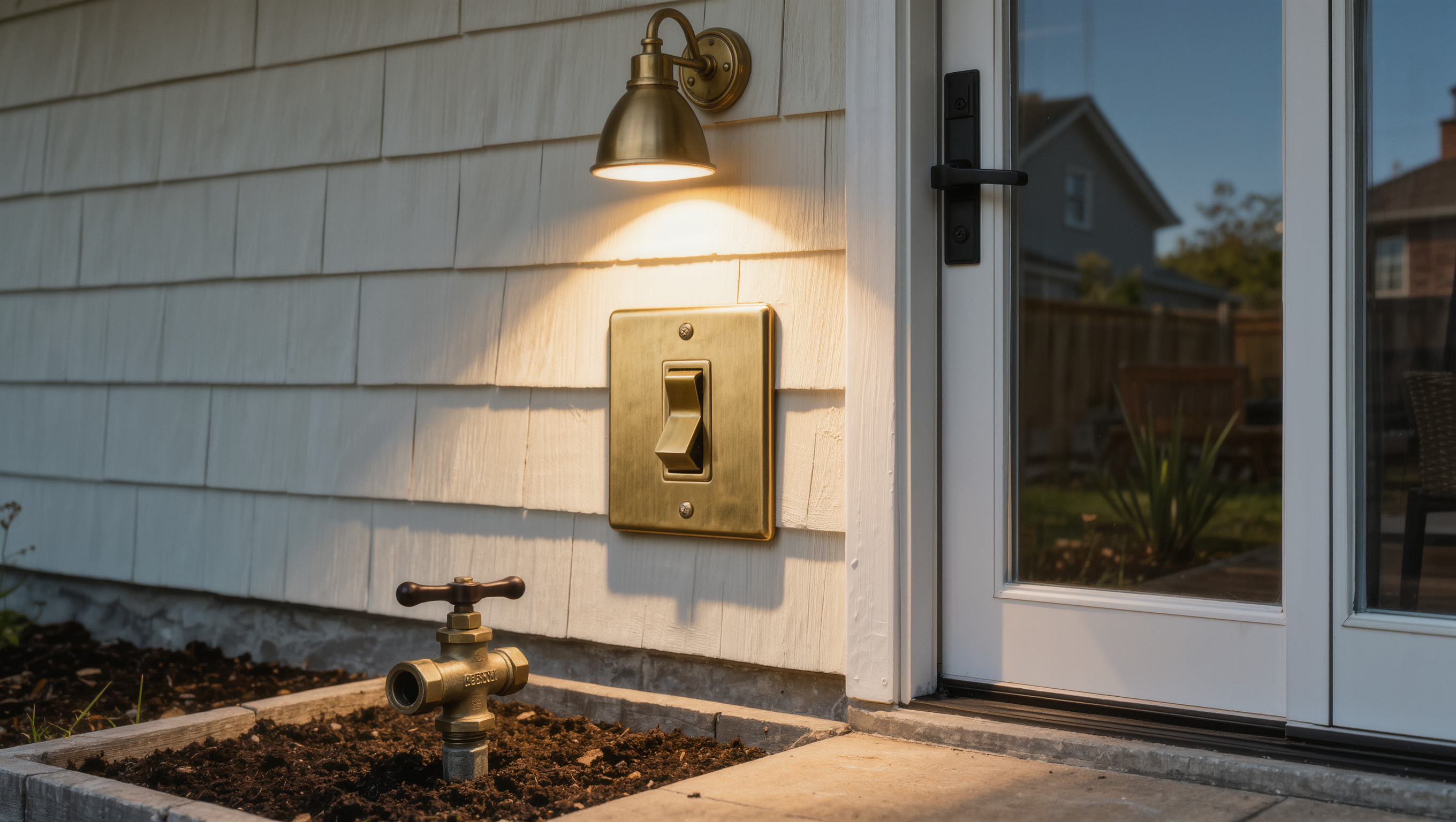 A brass toggle switch by a patio door with a manual irrigation valve nearby