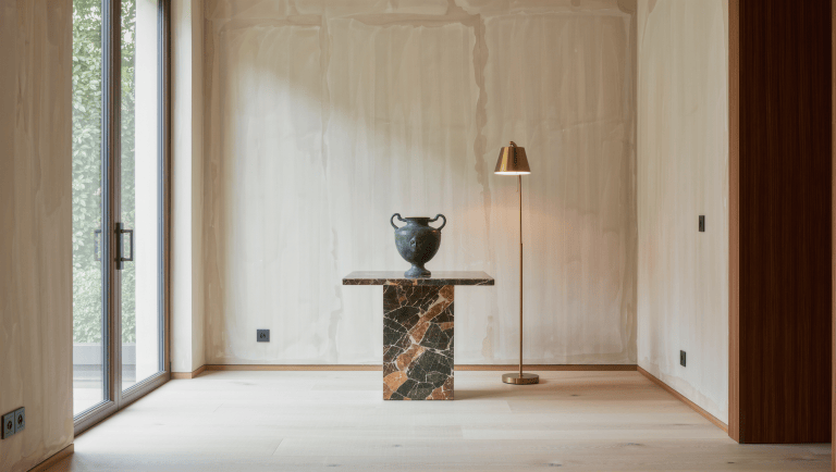 An antique marble-top table holding a single bronze vessel in a quiet plaster living room corner