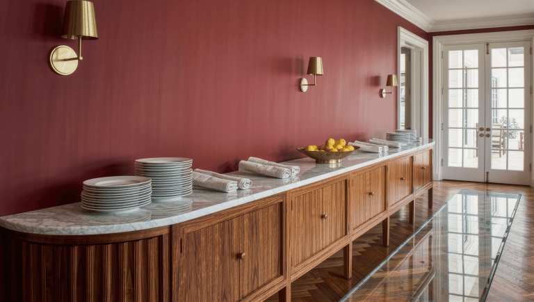 Dining room with a marble-topped walnut buffet against an oxblood wall, stacked plates and lemons, and a wide clear walking lane.