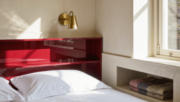 A built-in bed alcove corner with a lacquered headboard shelf and brass wall light