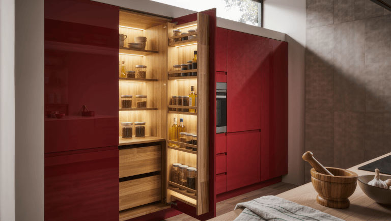 A bright kitchen with a tall pull-out pantry drawn open, its deep shelves of jars and tins lit by warm interior LED strips.