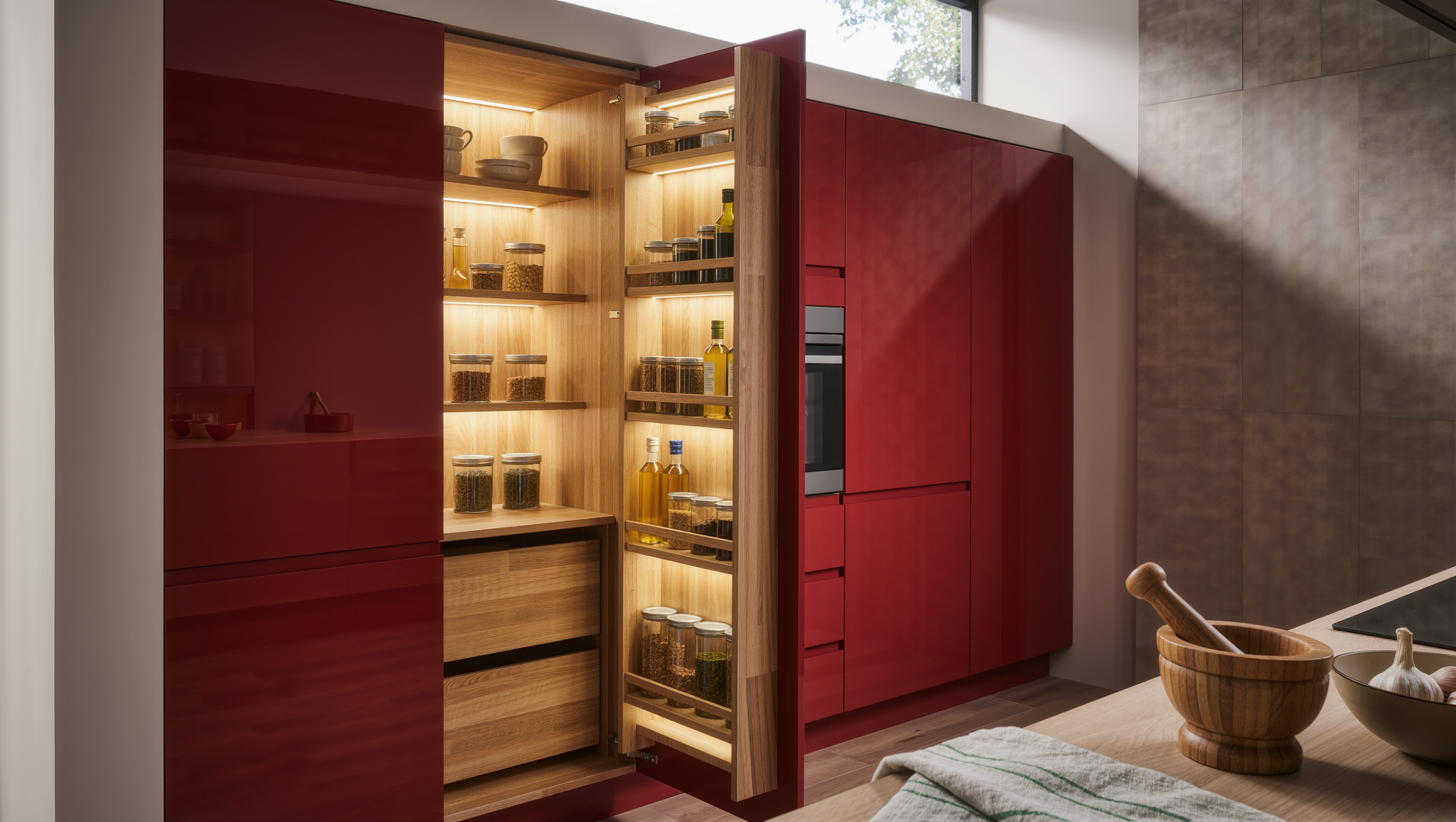 A bright kitchen with a tall pull-out pantry drawn open, its deep shelves of jars and tins lit by warm interior LED strips.
