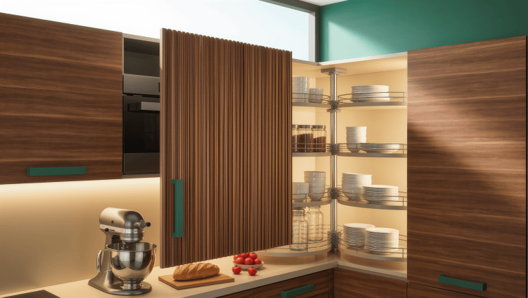A kitchen wall with a rotating corner carousel caught mid-turn and a fluted walnut sliding panel half-open in daylight.