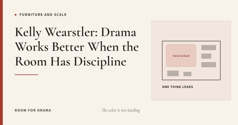 Room for Drama card: a room plan where one large marked object is twice the size of everything else.