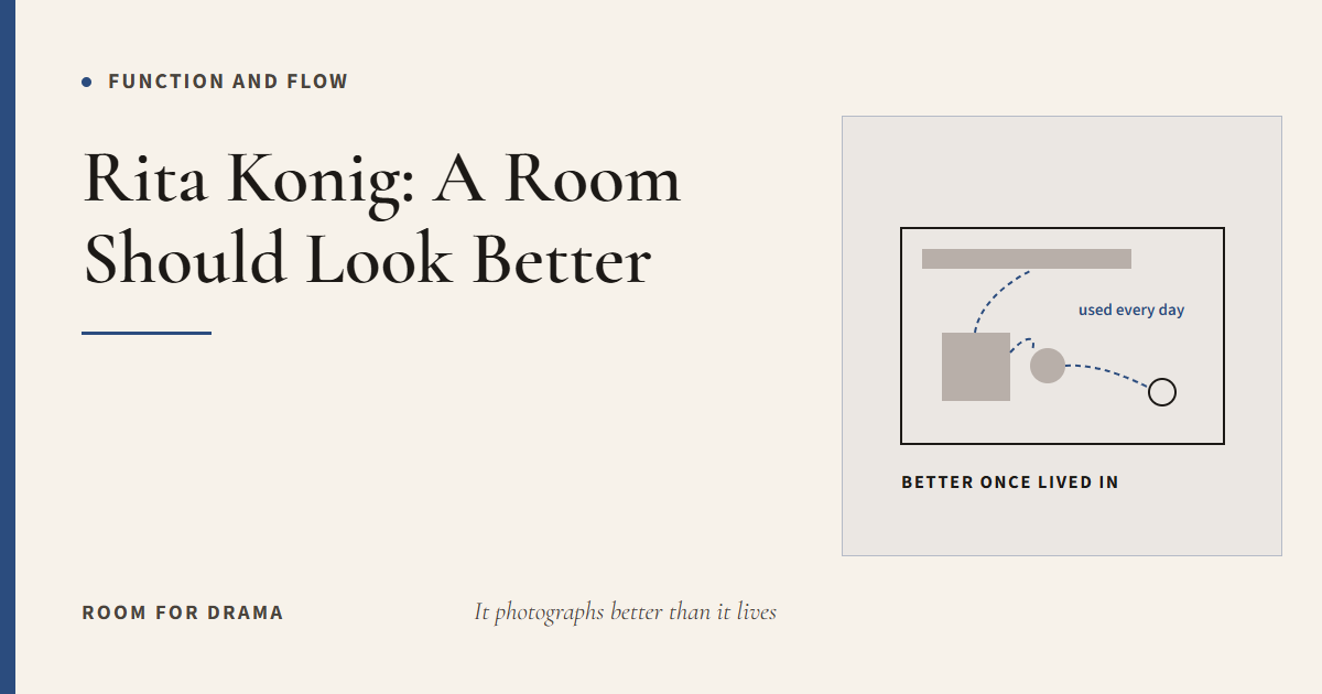 Room for Drama card: a room plan with dotted paths worn between a chair, a side table and a lamp.