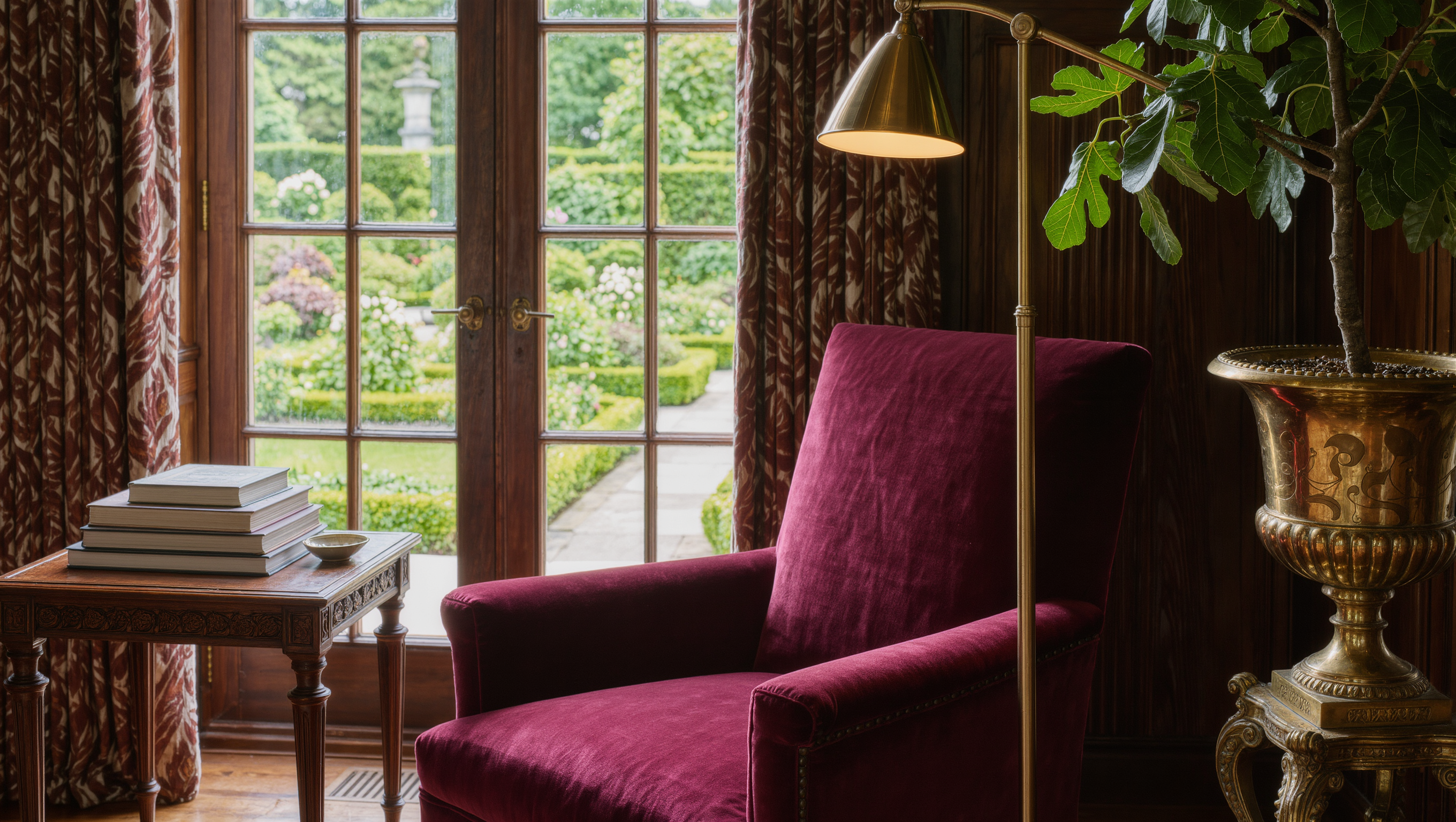 A velvet reading chair angled toward a tall curtained window facing the garden