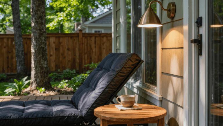 A charcoal outdoor lounge chair beside a teak side table in dappled shade